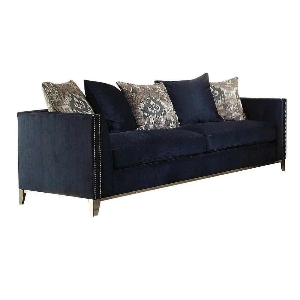 95 Blue And Silver Velvet Sofa And Toss Pillows