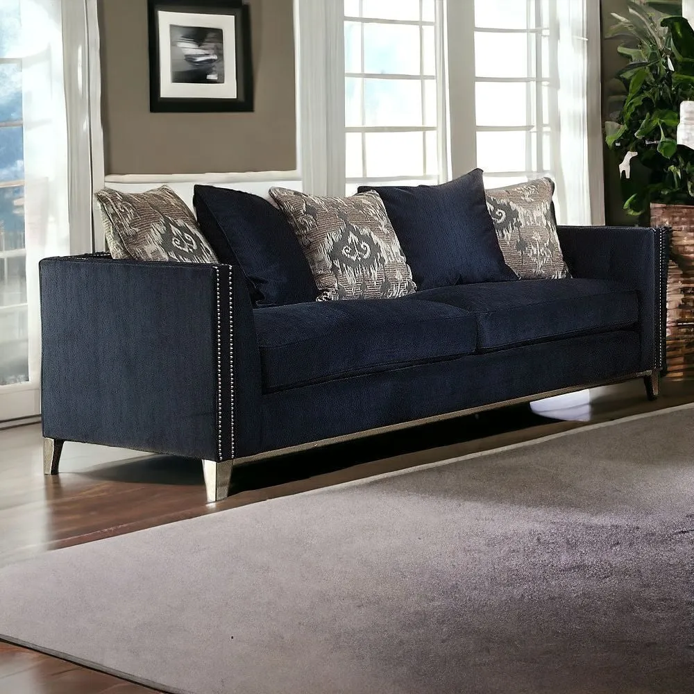 95 Blue And Silver Velvet Sofa And Toss Pillows