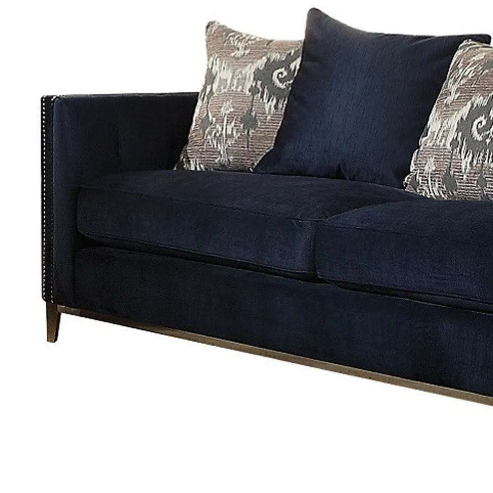 95 Blue And Silver Velvet Sofa And Toss Pillows