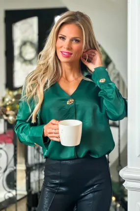 All A Dream V-Neck Button Detail Satin Blouse : Hunter Green