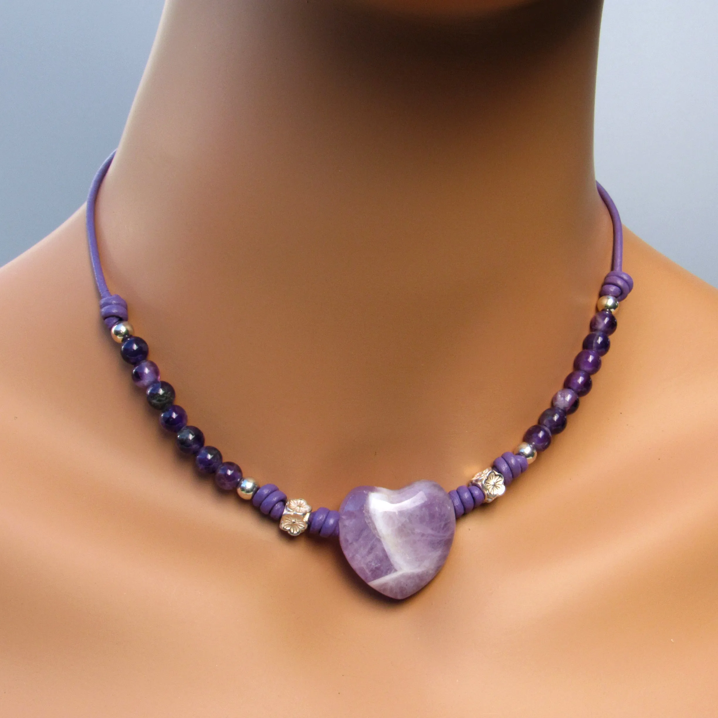 Amethyst gemstone and heart with sterling silver on leather necklace