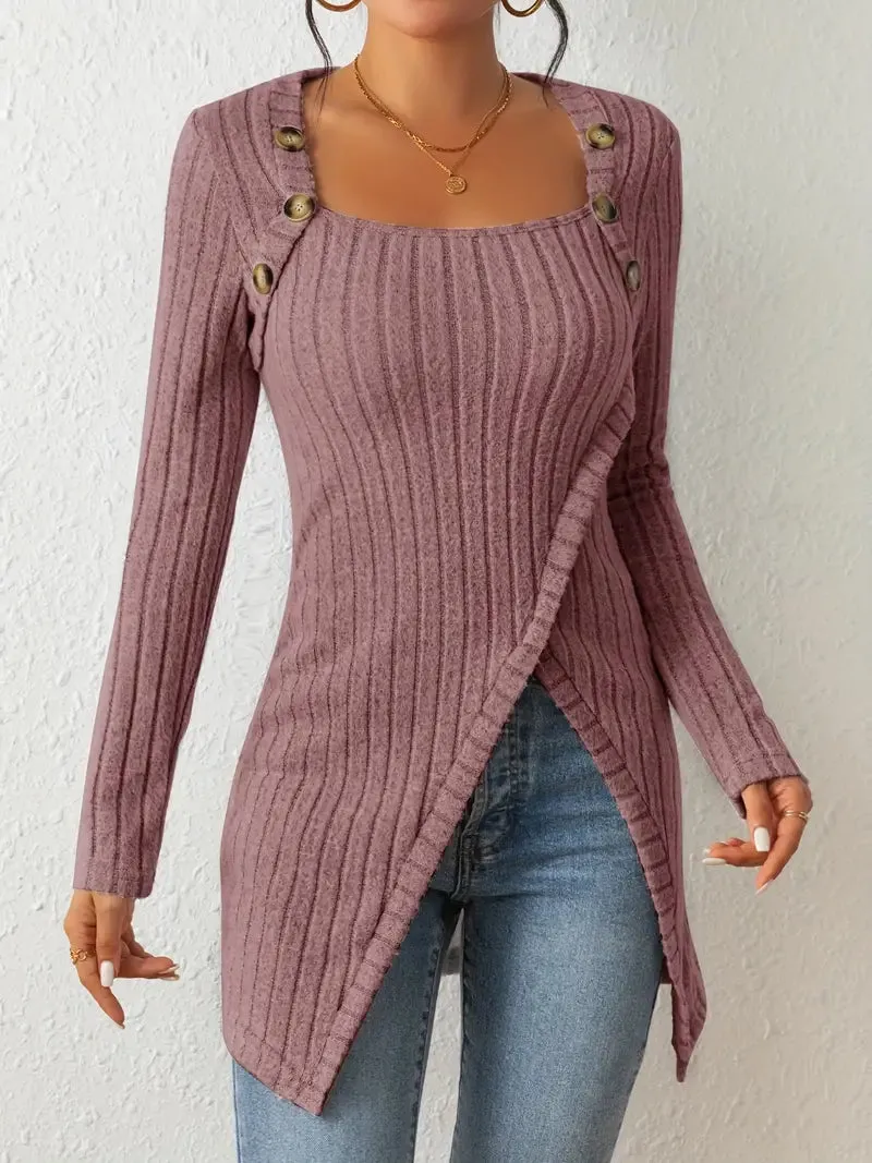 Asymmetrical Hem Casual Ribbed Long Sleeve Top Dress