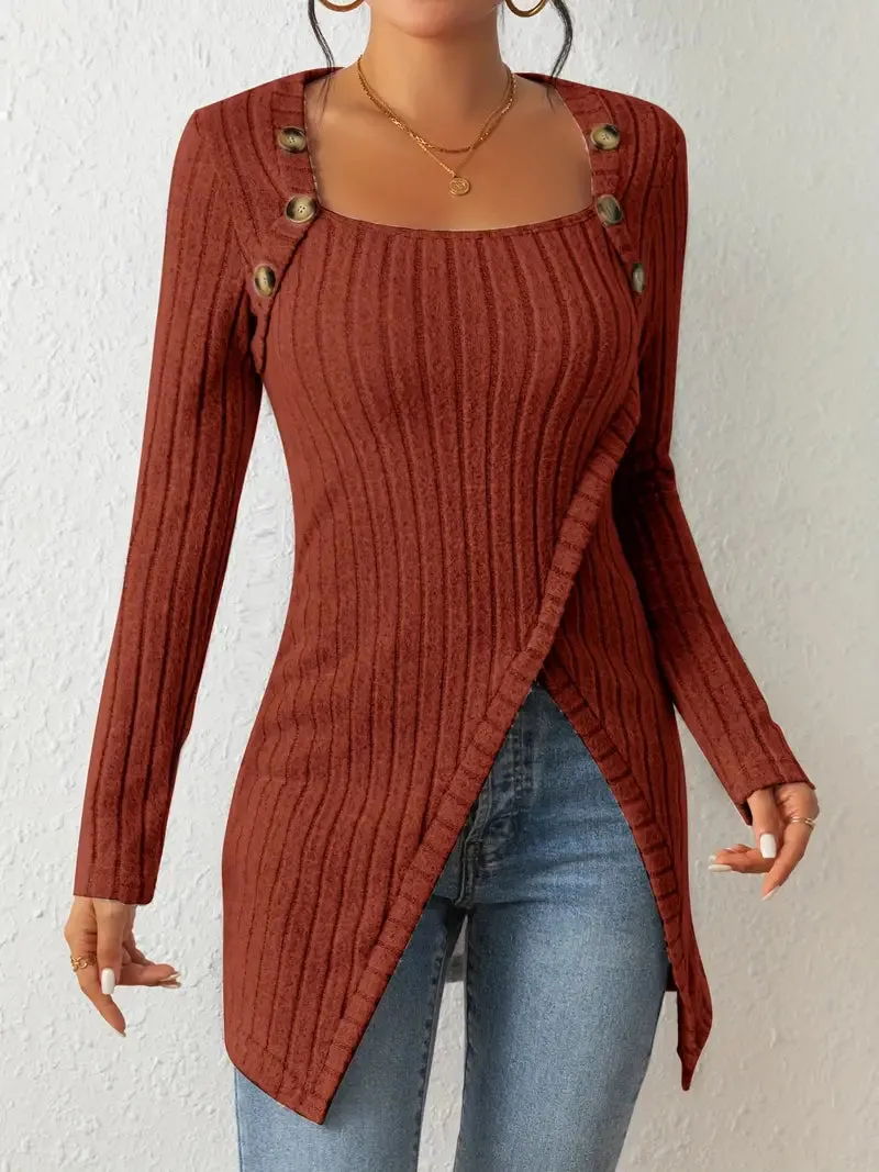 Asymmetrical Hem Casual Ribbed Long Sleeve Top Dress