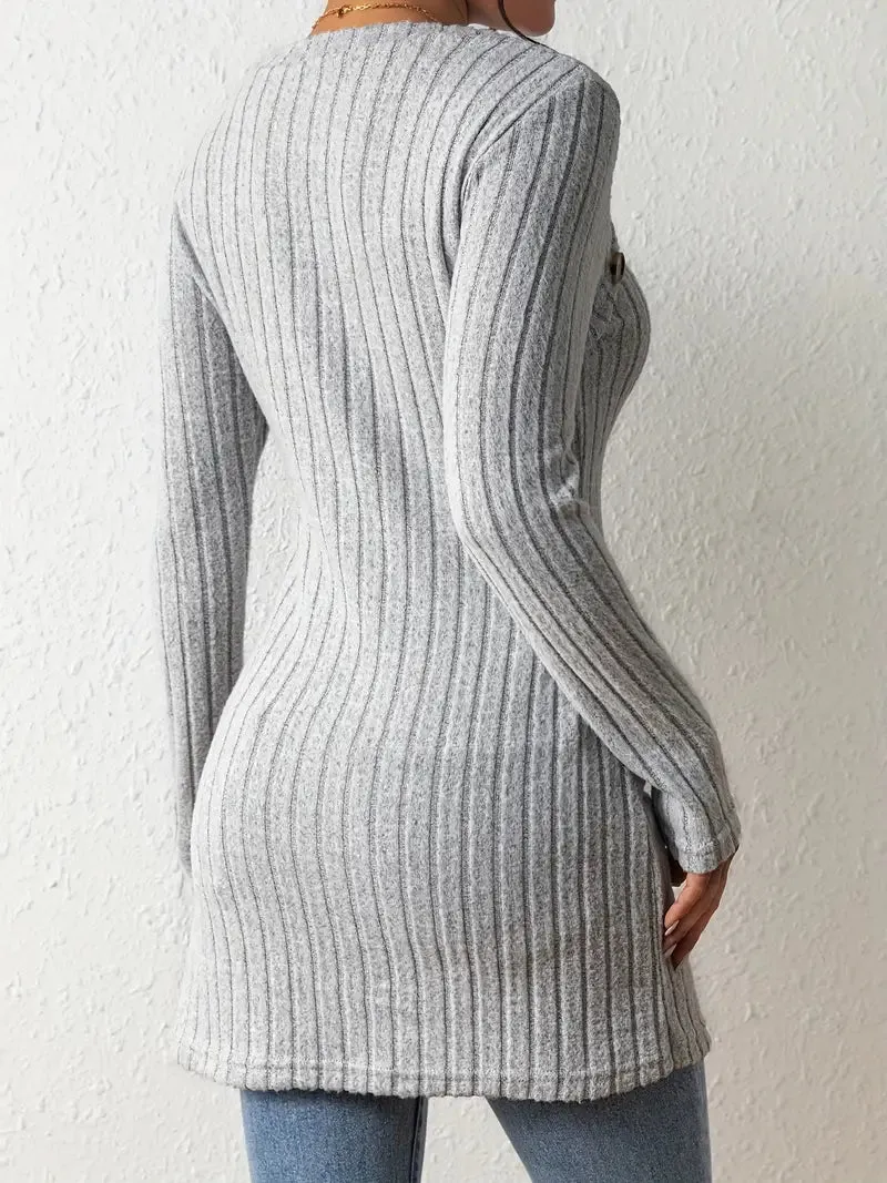 Asymmetrical Hem Casual Ribbed Long Sleeve Top Dress