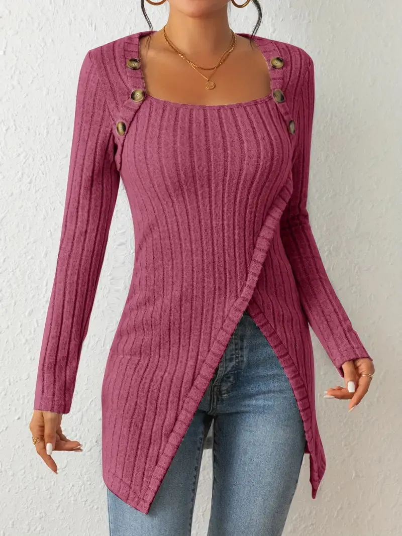 Asymmetrical Hem Casual Ribbed Long Sleeve Top Dress