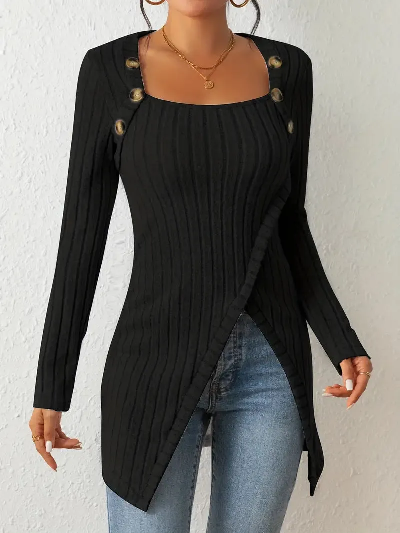 Asymmetrical Hem Casual Ribbed Long Sleeve Top Dress