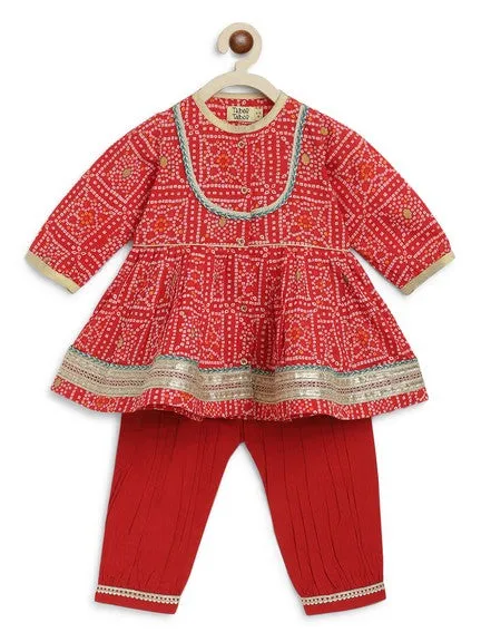 Baby Girl Bandhani Cotton Angrakha Suit Set - Red