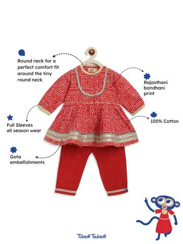 Baby Girl Bandhani Cotton Angrakha Suit Set - Red