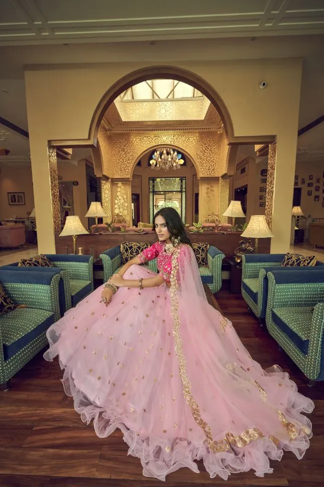 Baby Pink Soft Net Designer Lehenga Choli - Rent