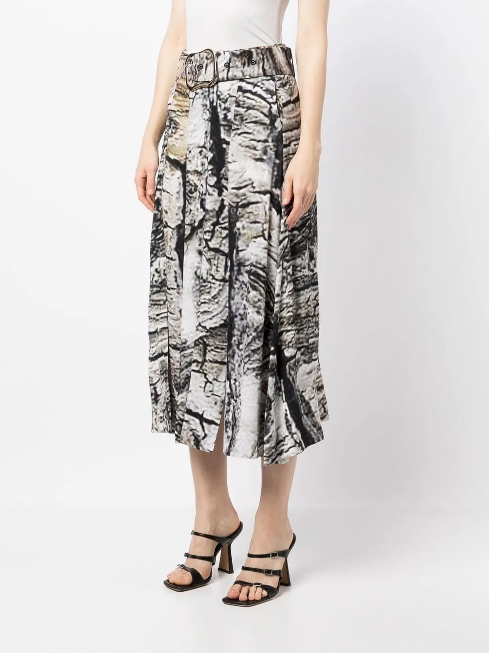 BARK PRINT PLEATED BELTED SKIRT