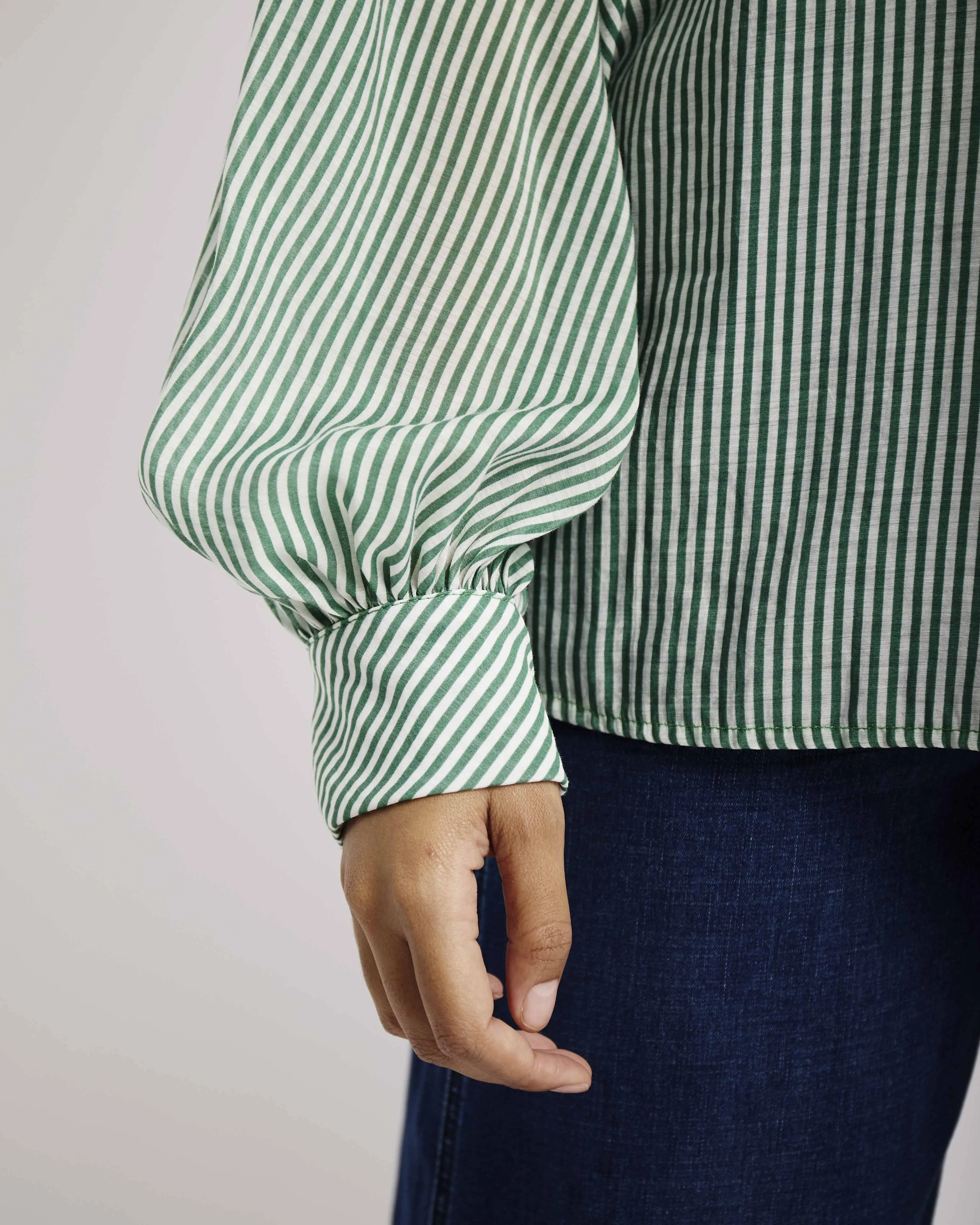 Bellow Sleeve Blouse with Detachable Bow in Green and Milk Stripe