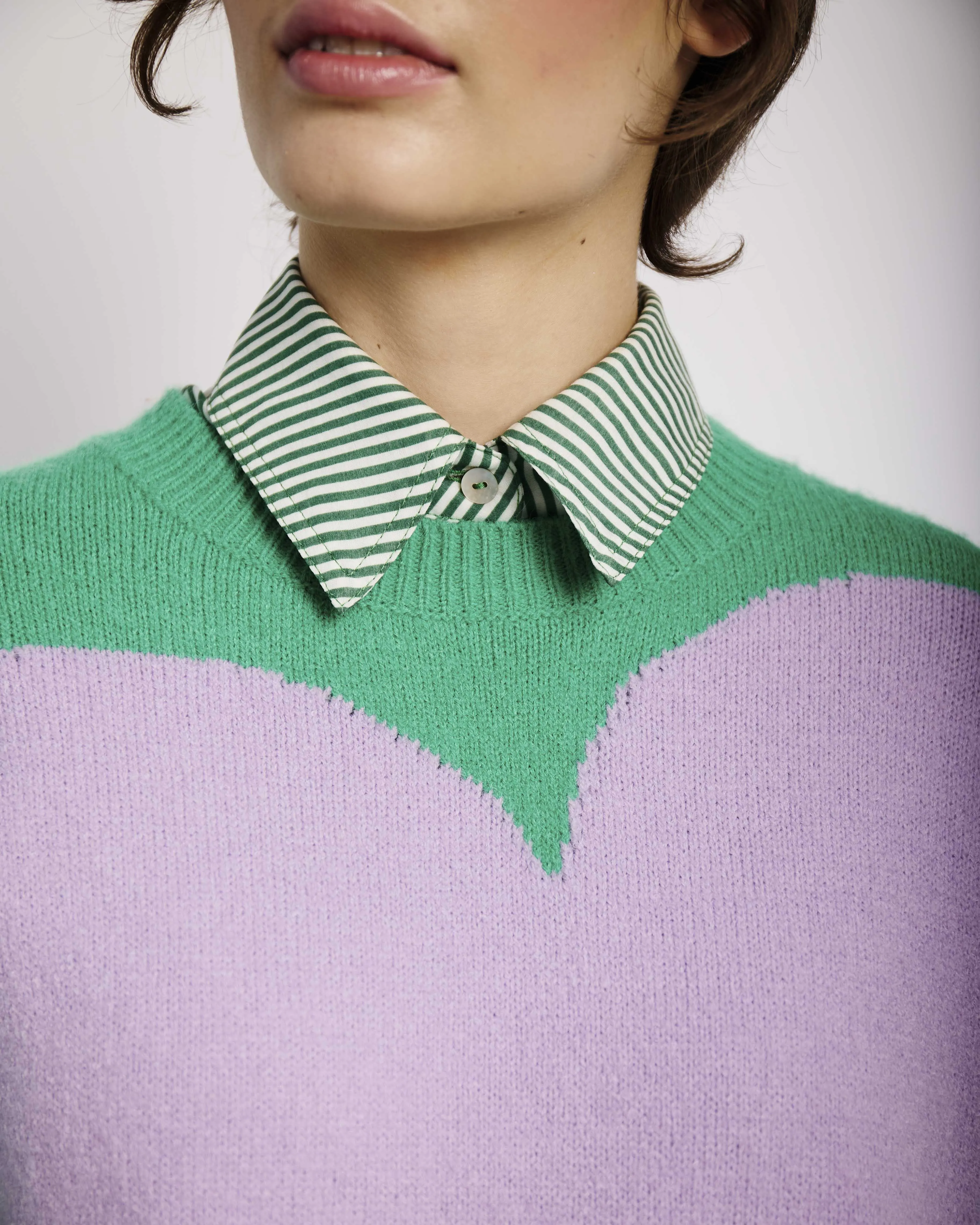 Bellow Sleeve Blouse with Detachable Bow in Green and Milk Stripe