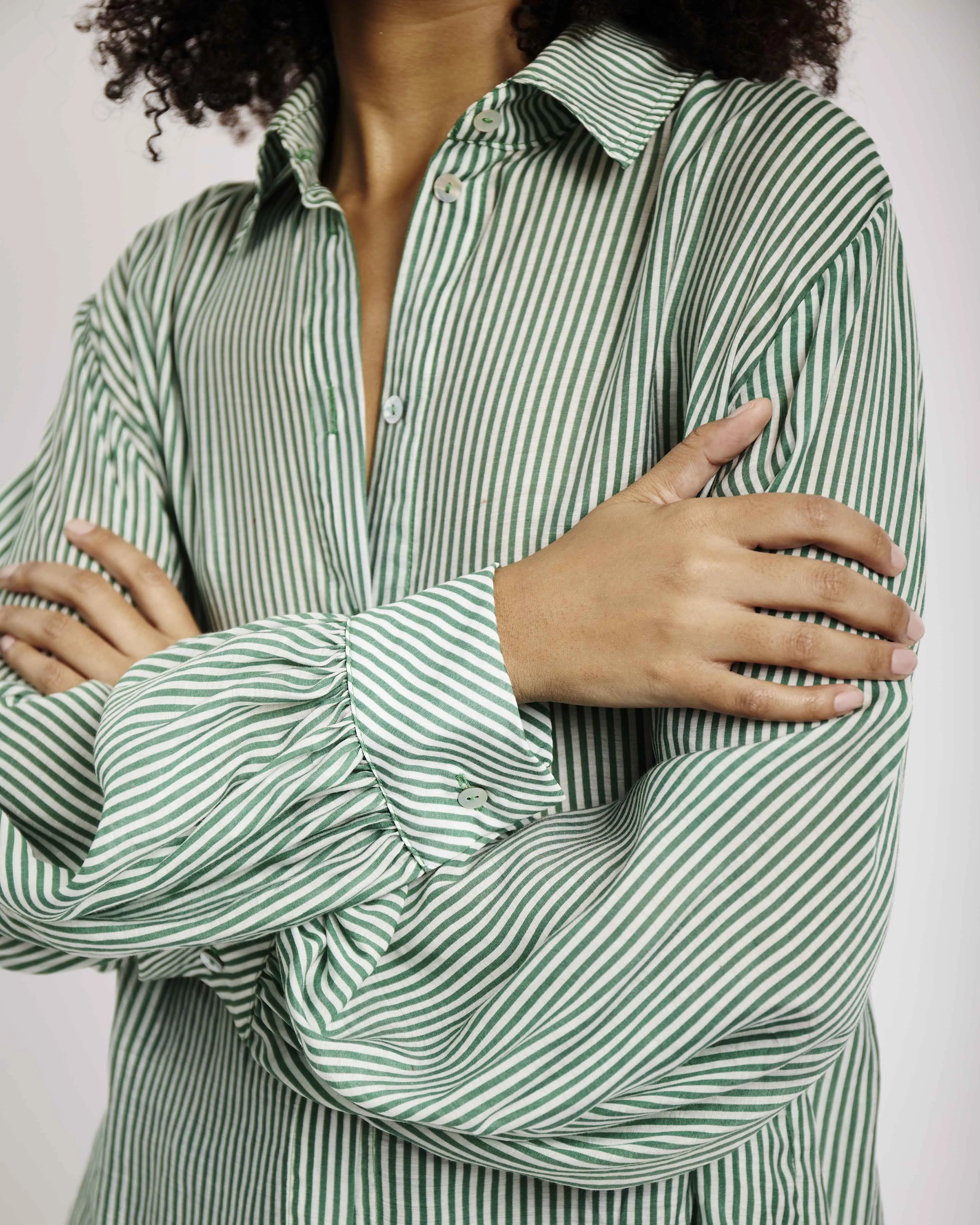 Bellow Sleeve Blouse with Detachable Bow in Green and Milk Stripe