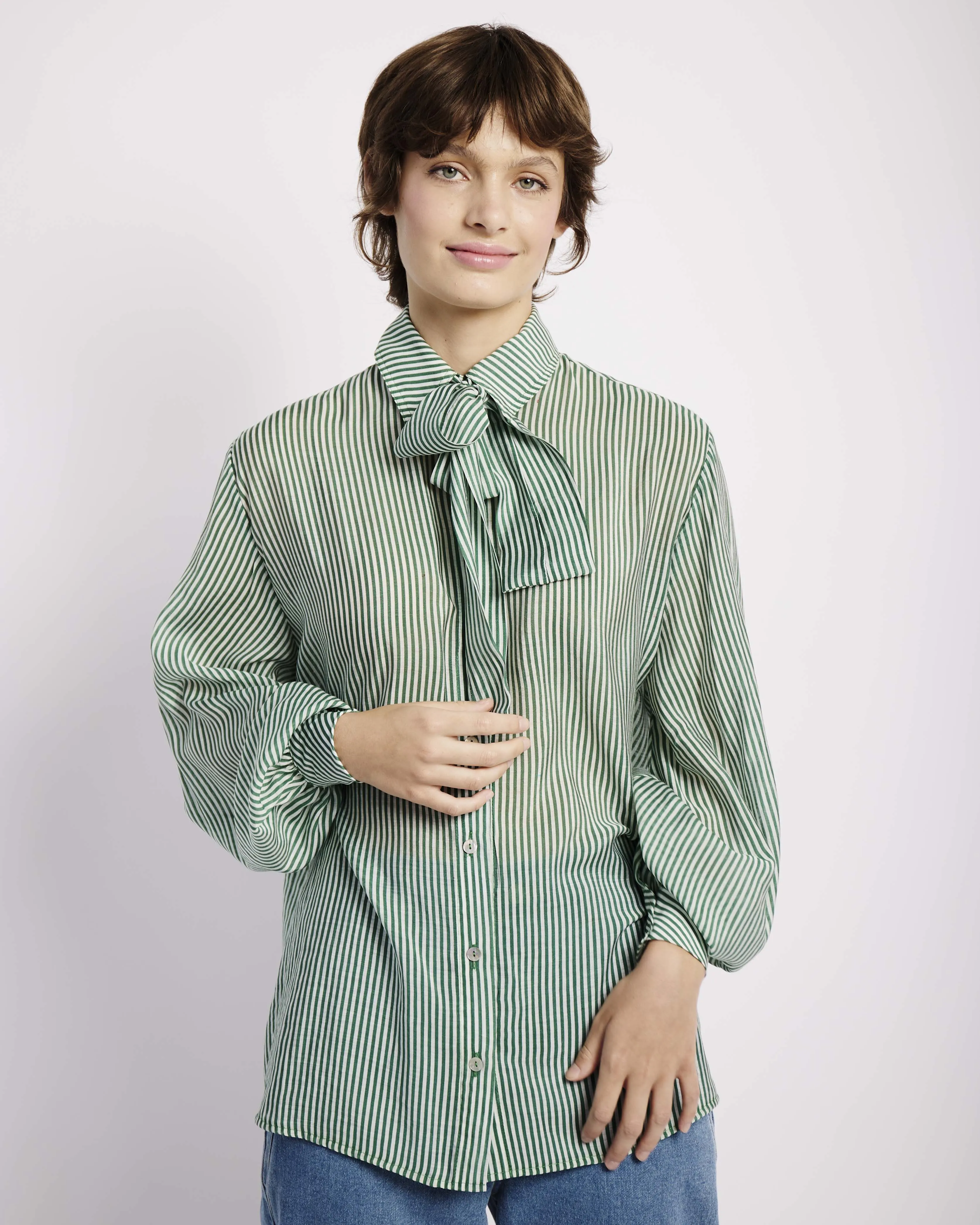 Bellow Sleeve Blouse with Detachable Bow in Green and Milk Stripe