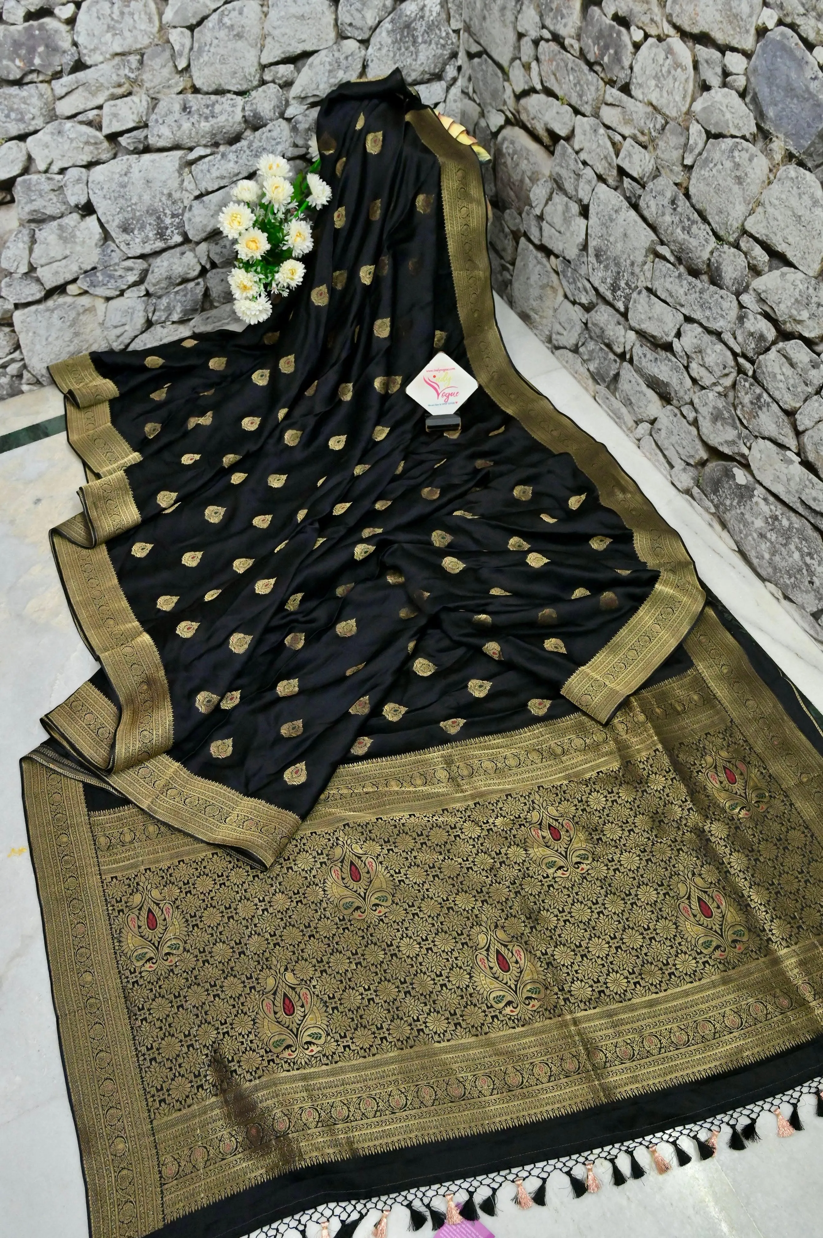 Black Color Mashru Banarasi Saree with Meenakari Buta Work