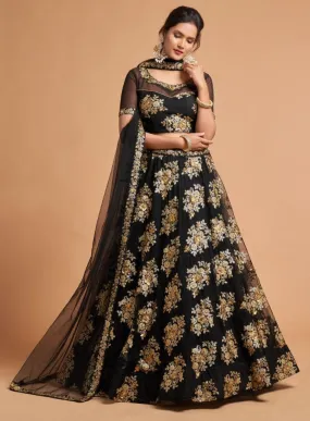 Black Color Soft Net Floral Embroidery Lehenga - Rent