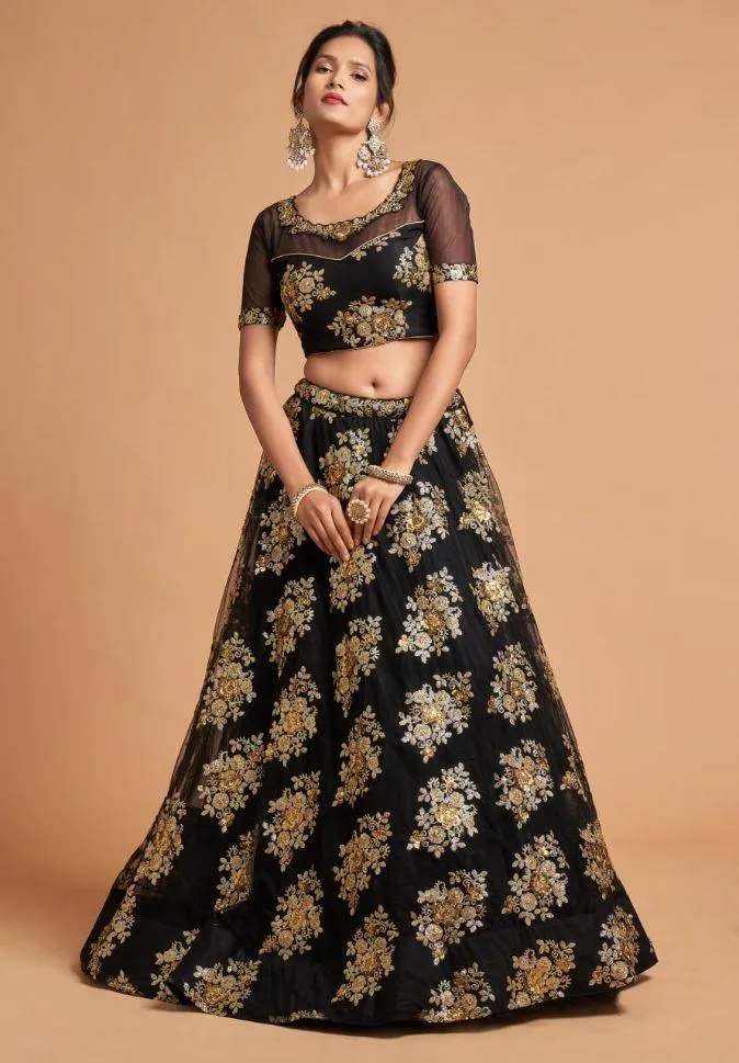 Black Color Soft Net Floral Embroidery Lehenga - Rent