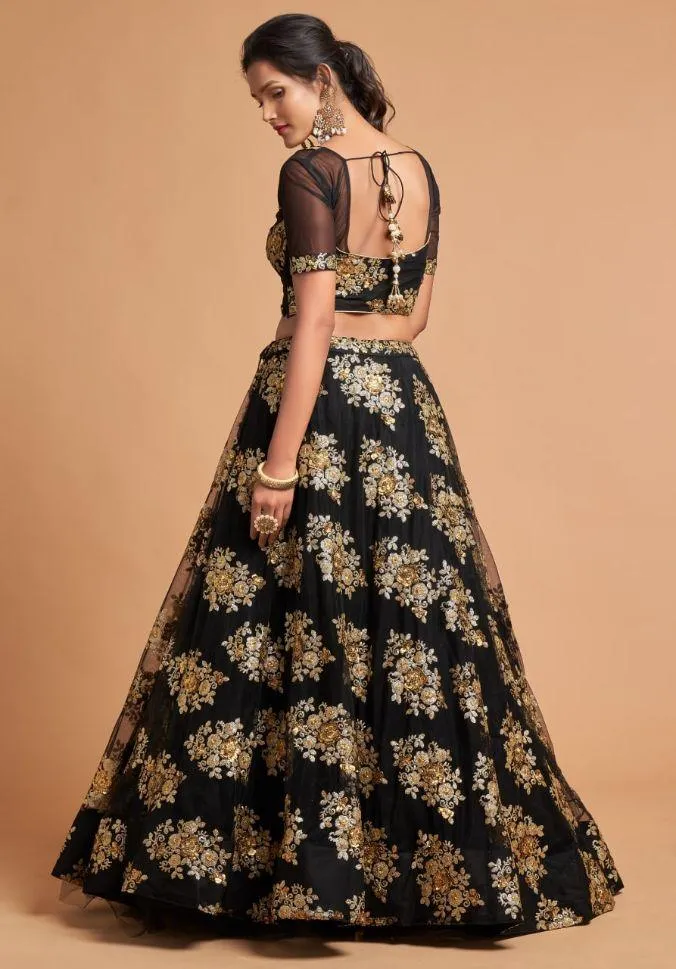 Black Color Soft Net Floral Embroidery Lehenga - Rent