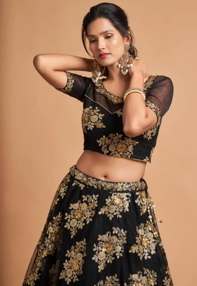 Black Color Soft Net Floral Embroidery Lehenga - Rent