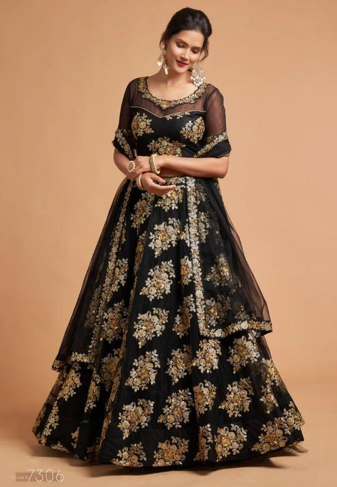 Black Color Soft Net Floral Embroidery Lehenga - Rent