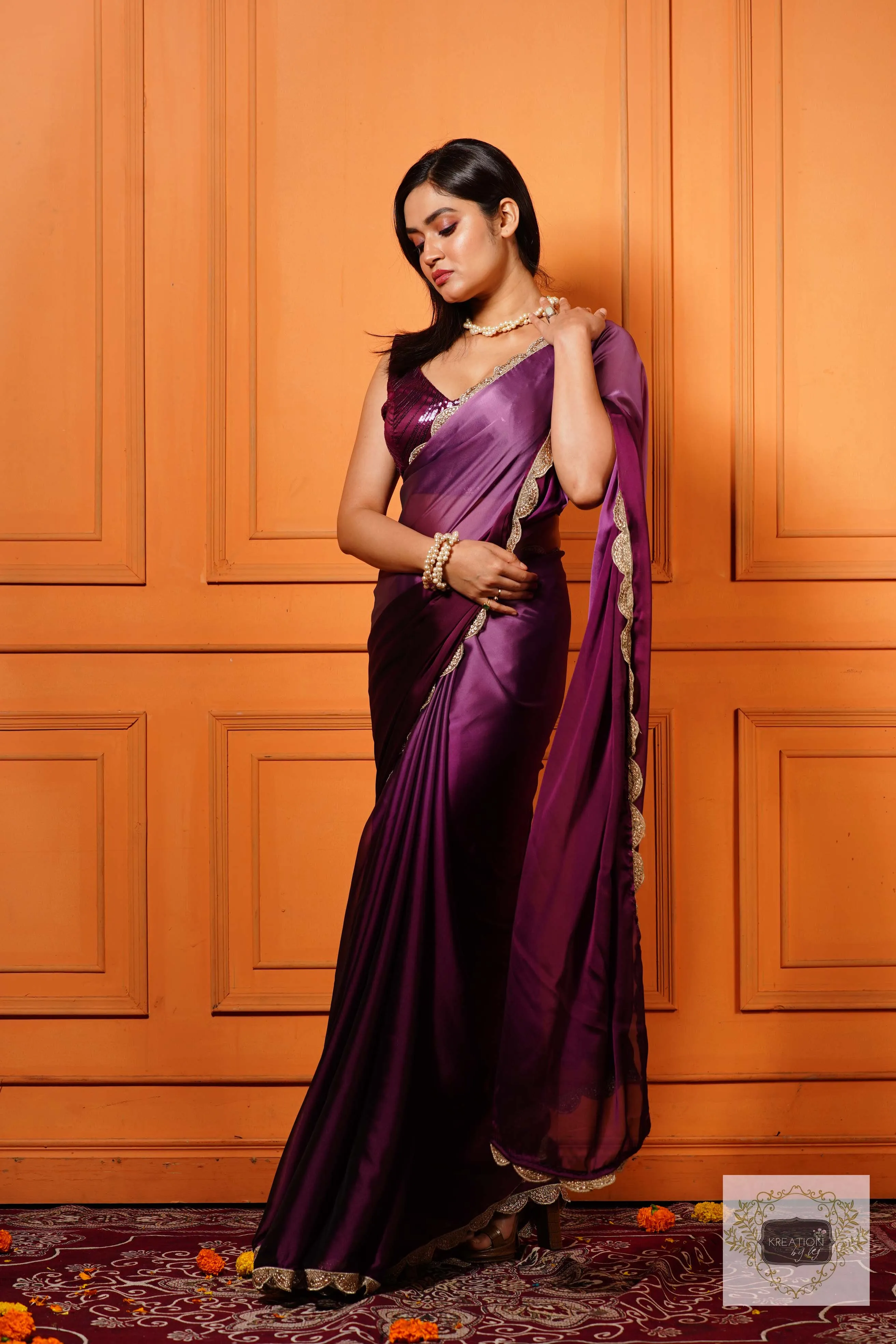 Black Currant Ombre Saree with Scallop Border