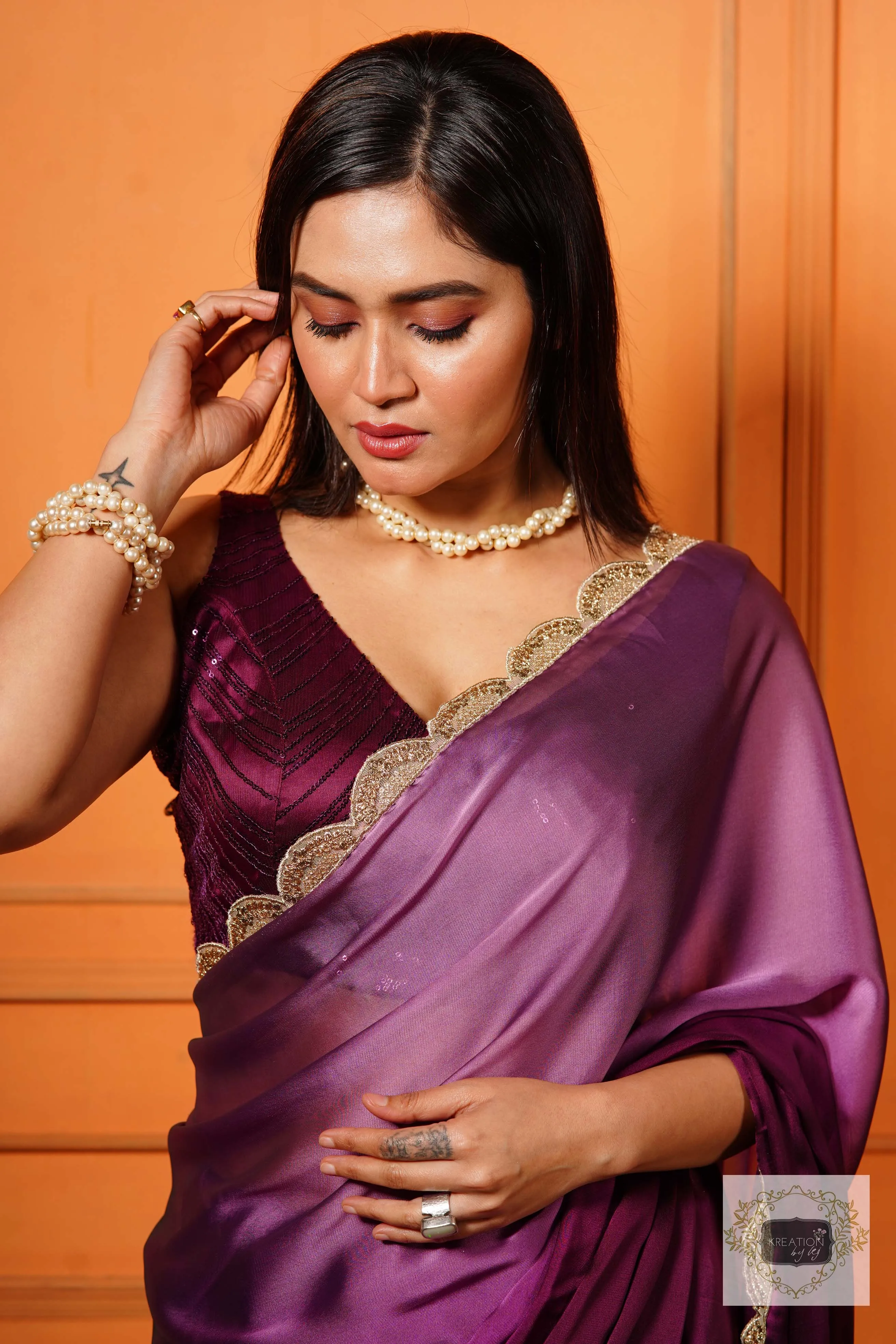 Black Currant Ombre Saree with Scallop Border