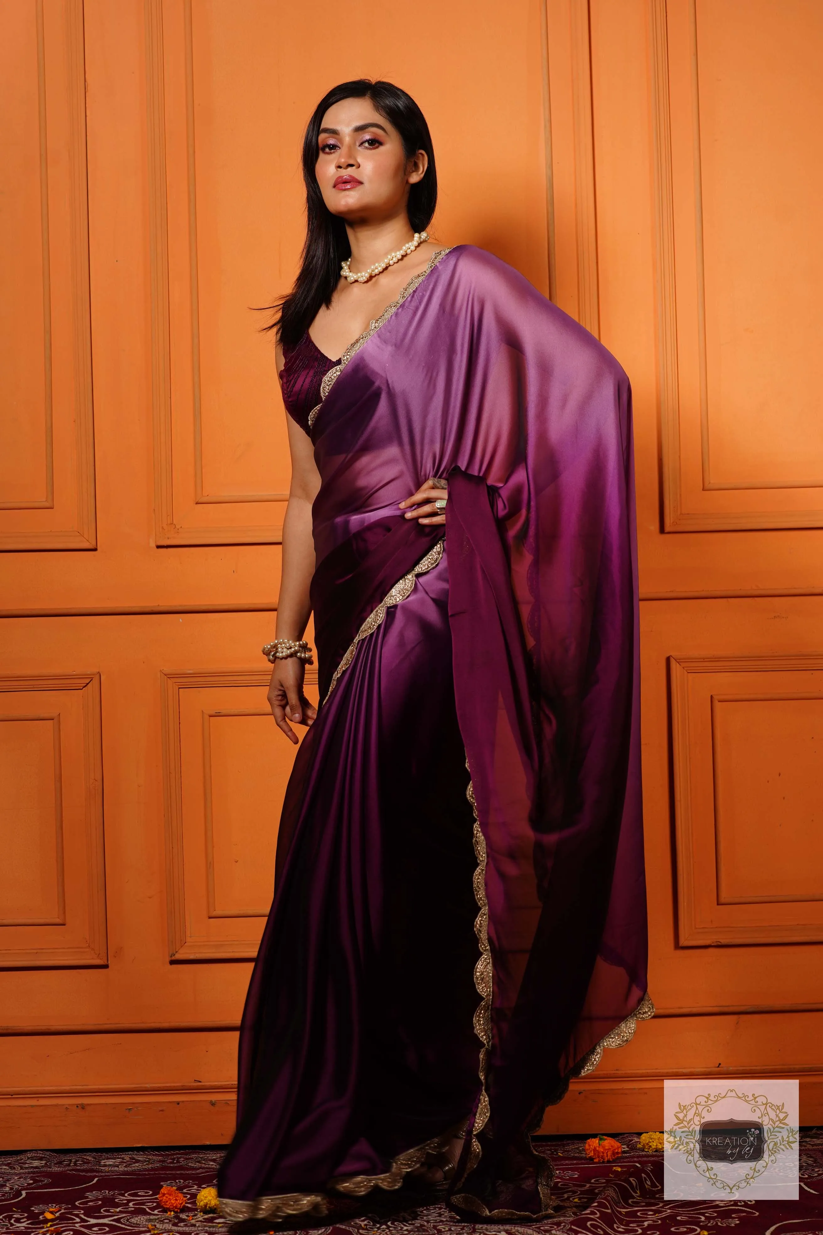 Black Currant Ombre Saree with Scallop Border