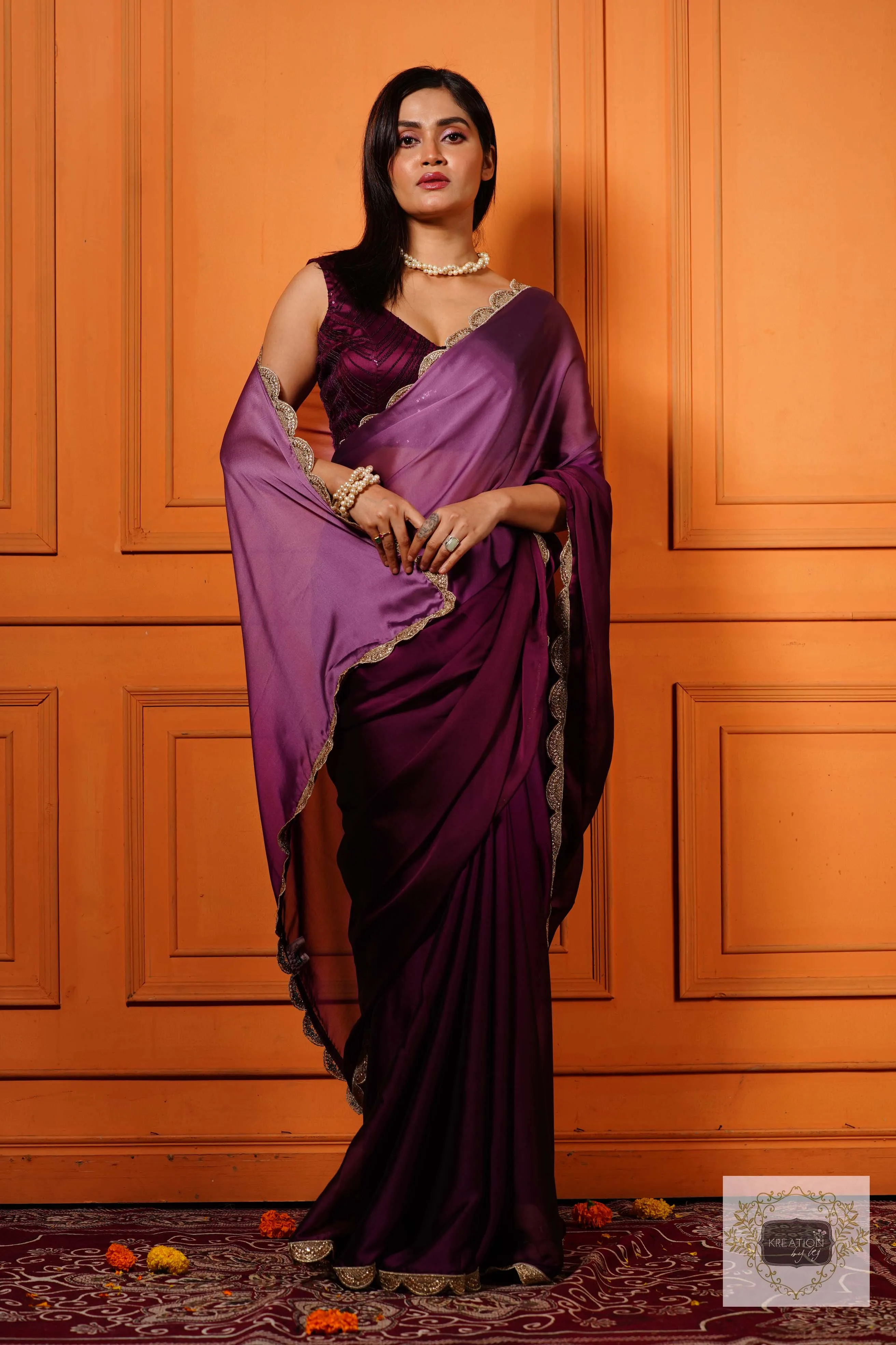 Black Currant Ombre Saree with Scallop Border