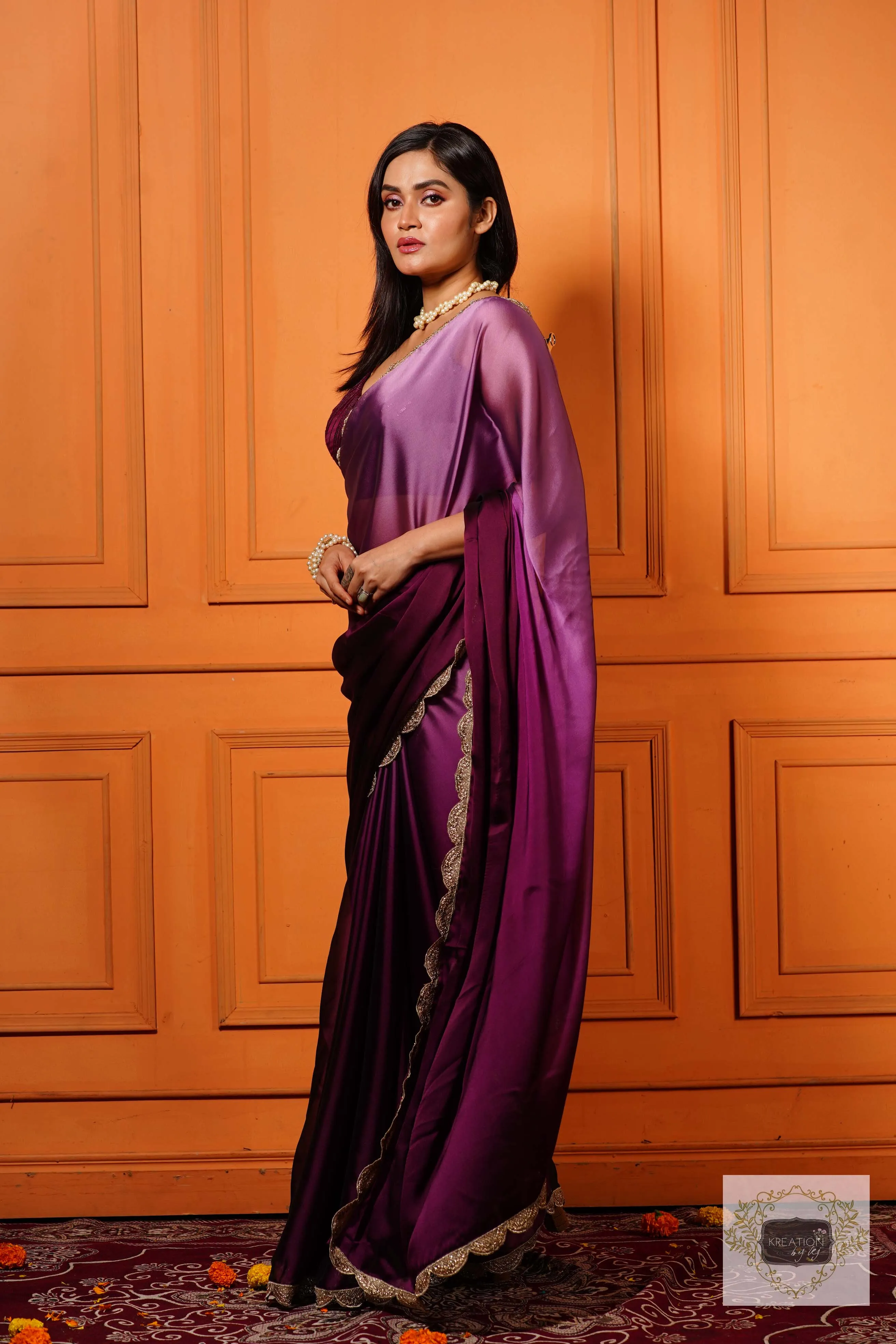 Black Currant Ombre Saree with Scallop Border