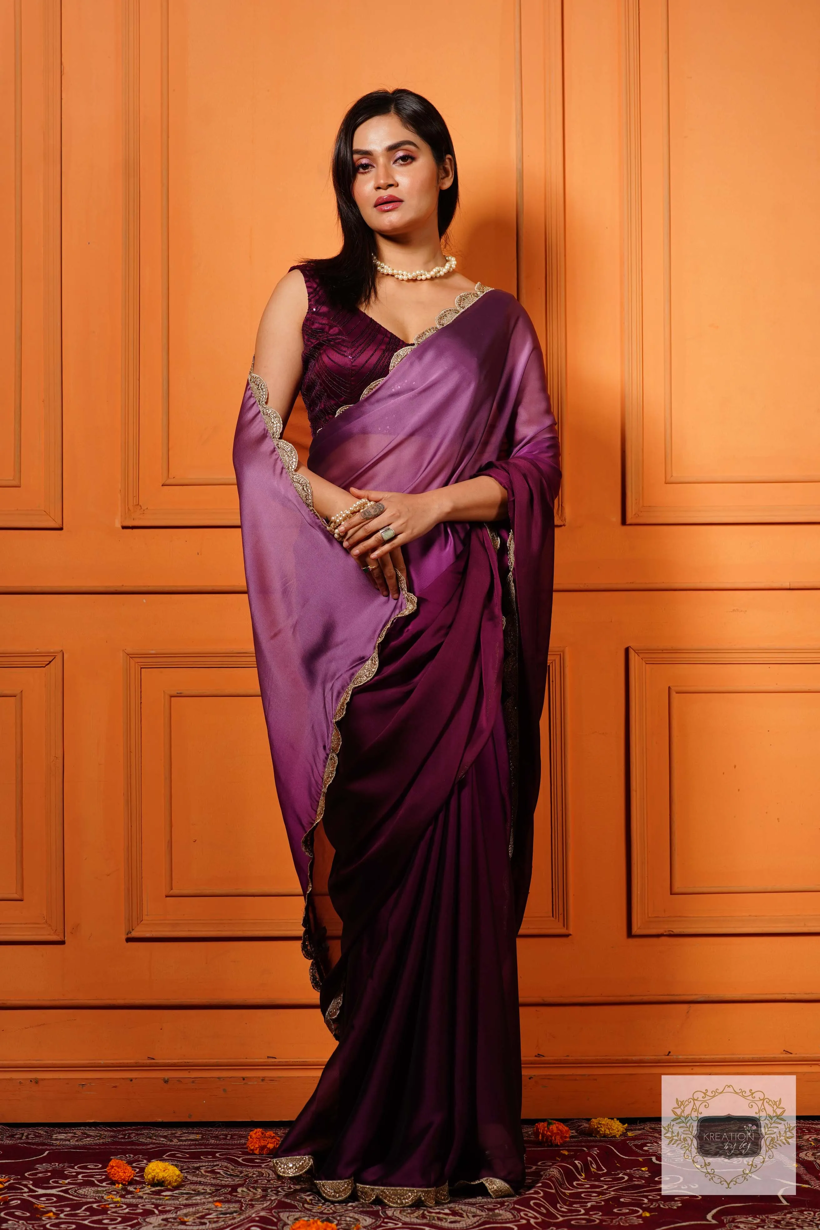 Black Currant Ombre Saree with Scallop Border