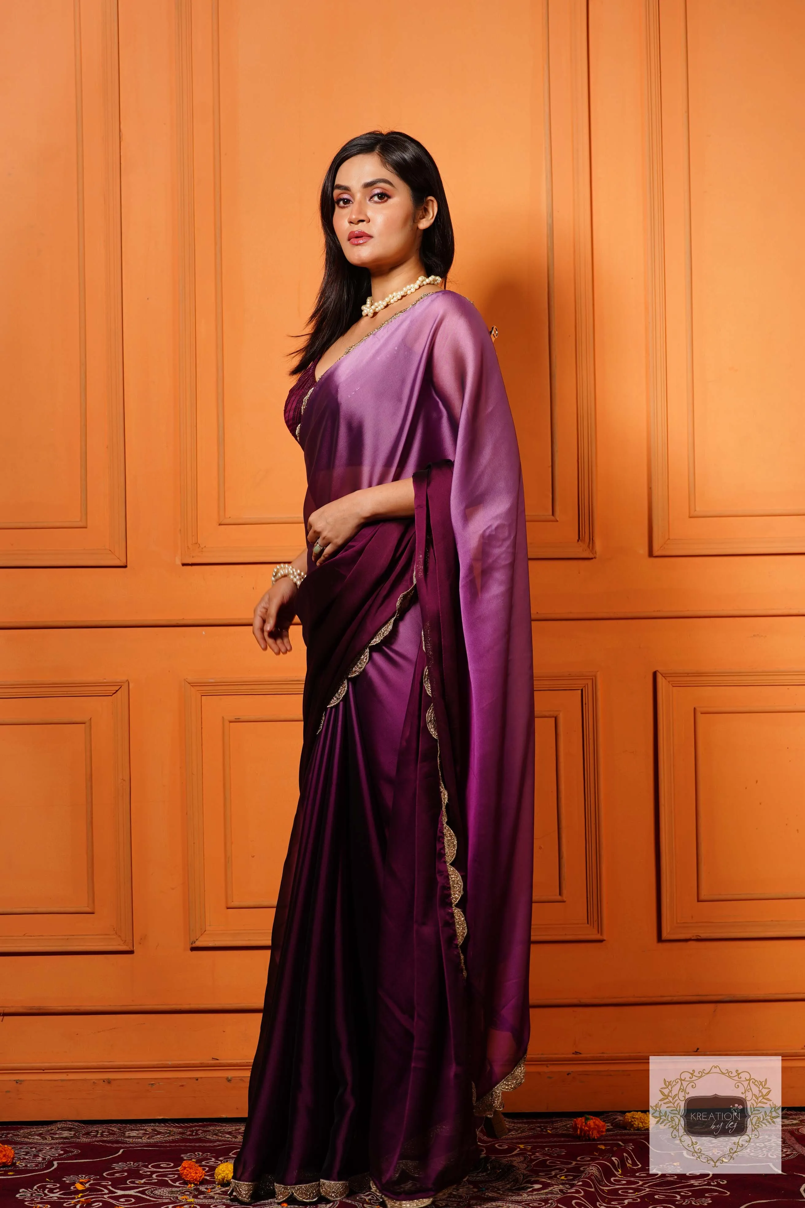 Black Currant Ombre Saree with Scallop Border