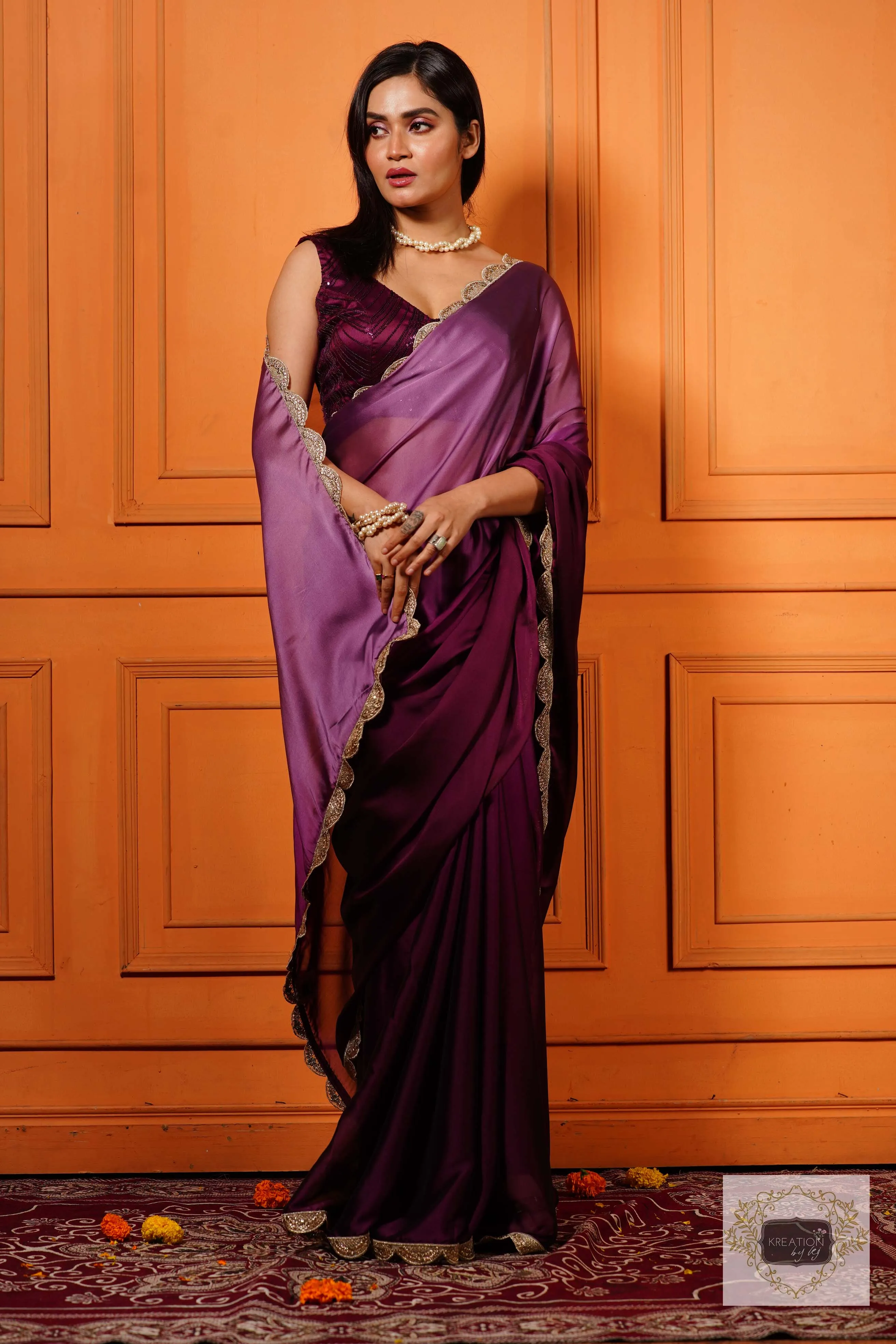 Black Currant Ombre Saree with Scallop Border