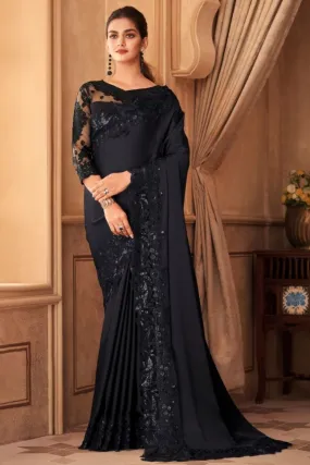 Black Silk Patch Border Designer Saree - Rent