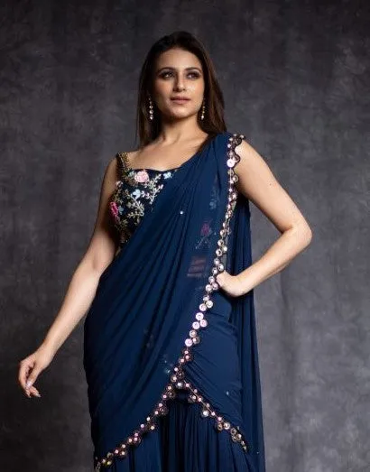 Blue Color Gharara Drape Georgette Saree - Rent