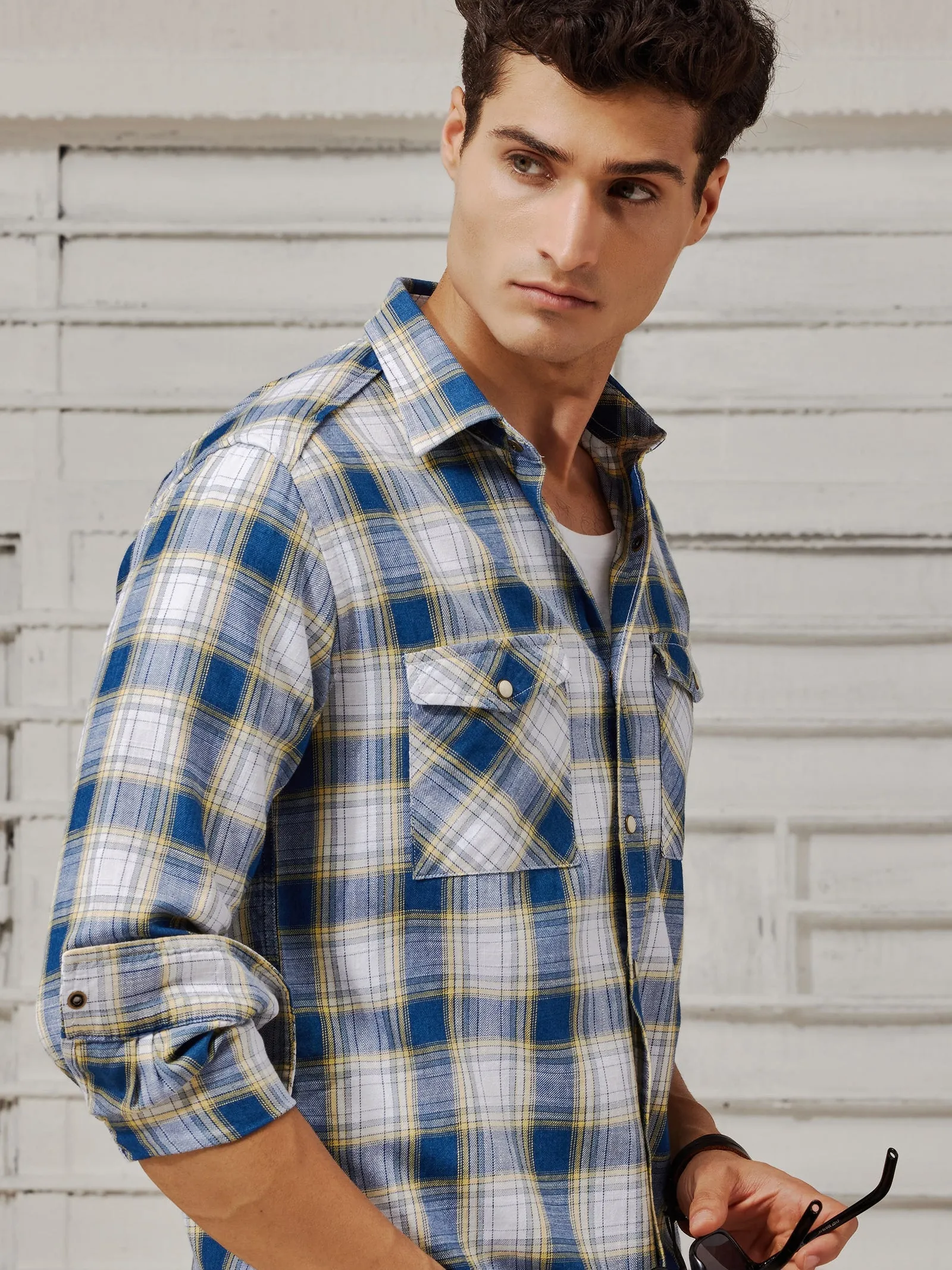 Blue Denim Checked Cargo Shirt