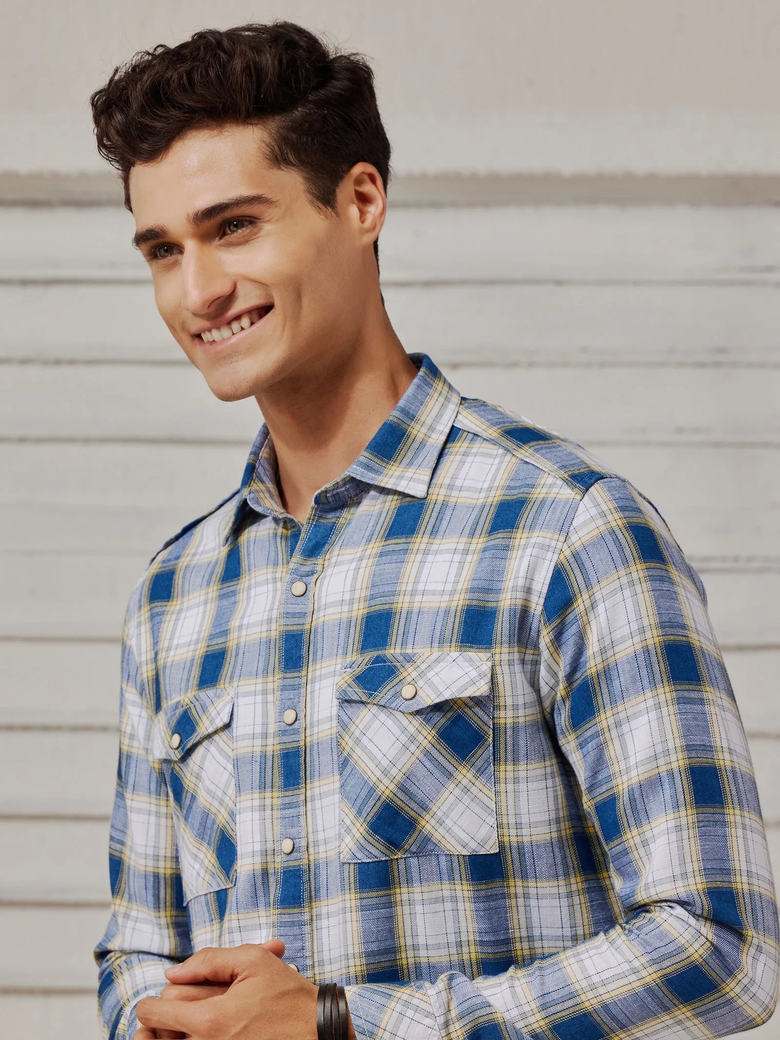 Blue Denim Checked Cargo Shirt