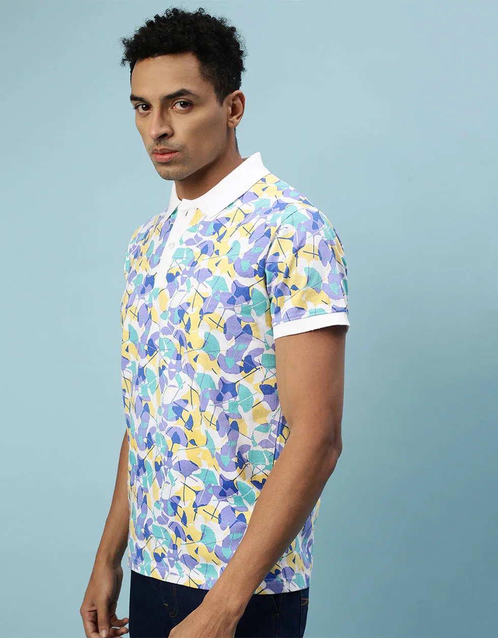 Blue Leaf Printed Polo T-Shirt