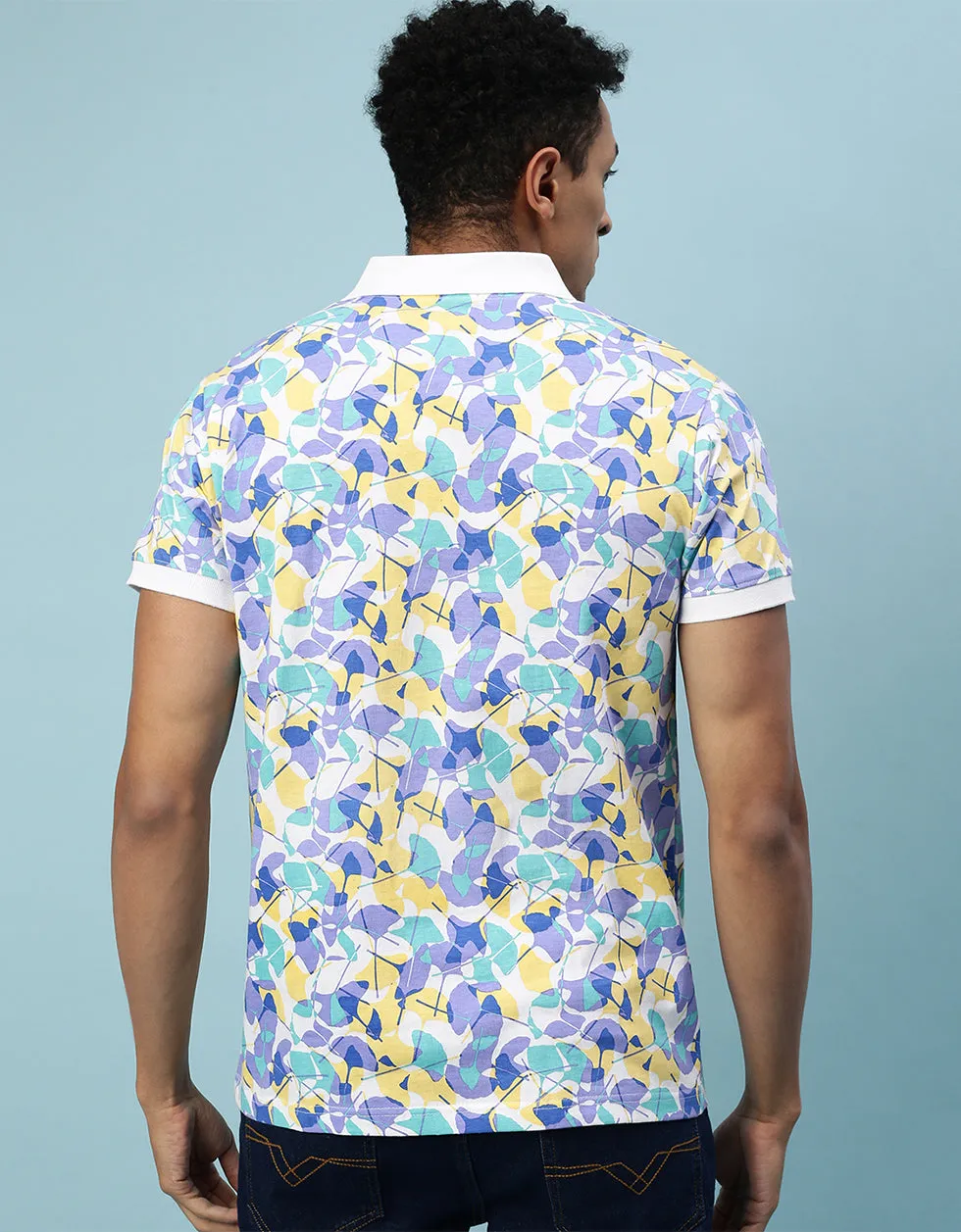 Blue Leaf Printed Polo T-Shirt