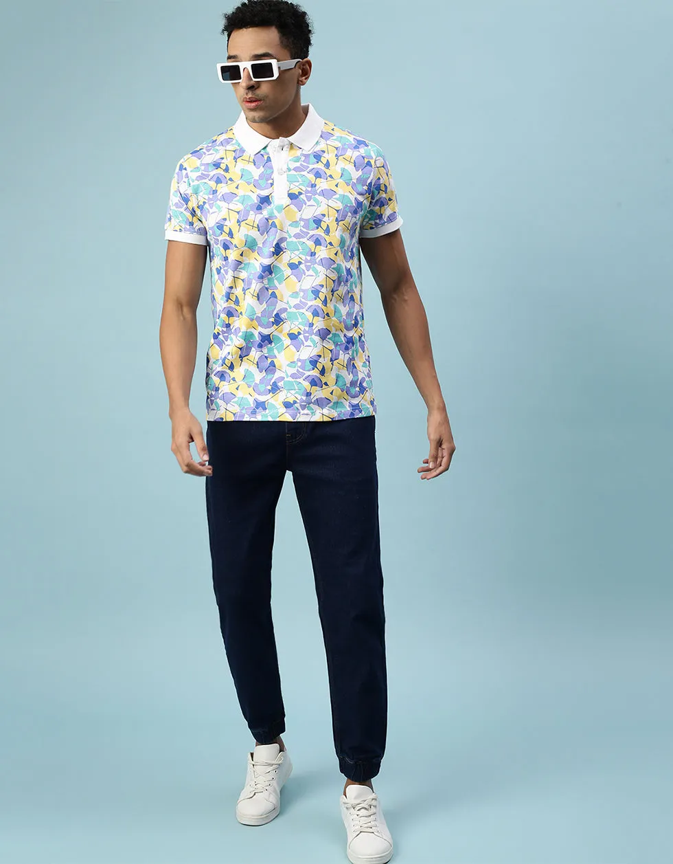 Blue Leaf Printed Polo T-Shirt