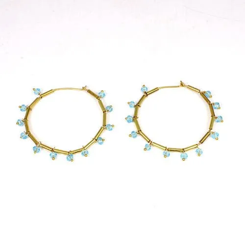 Blue Topaz Gemstone Brass Hoop Earrings