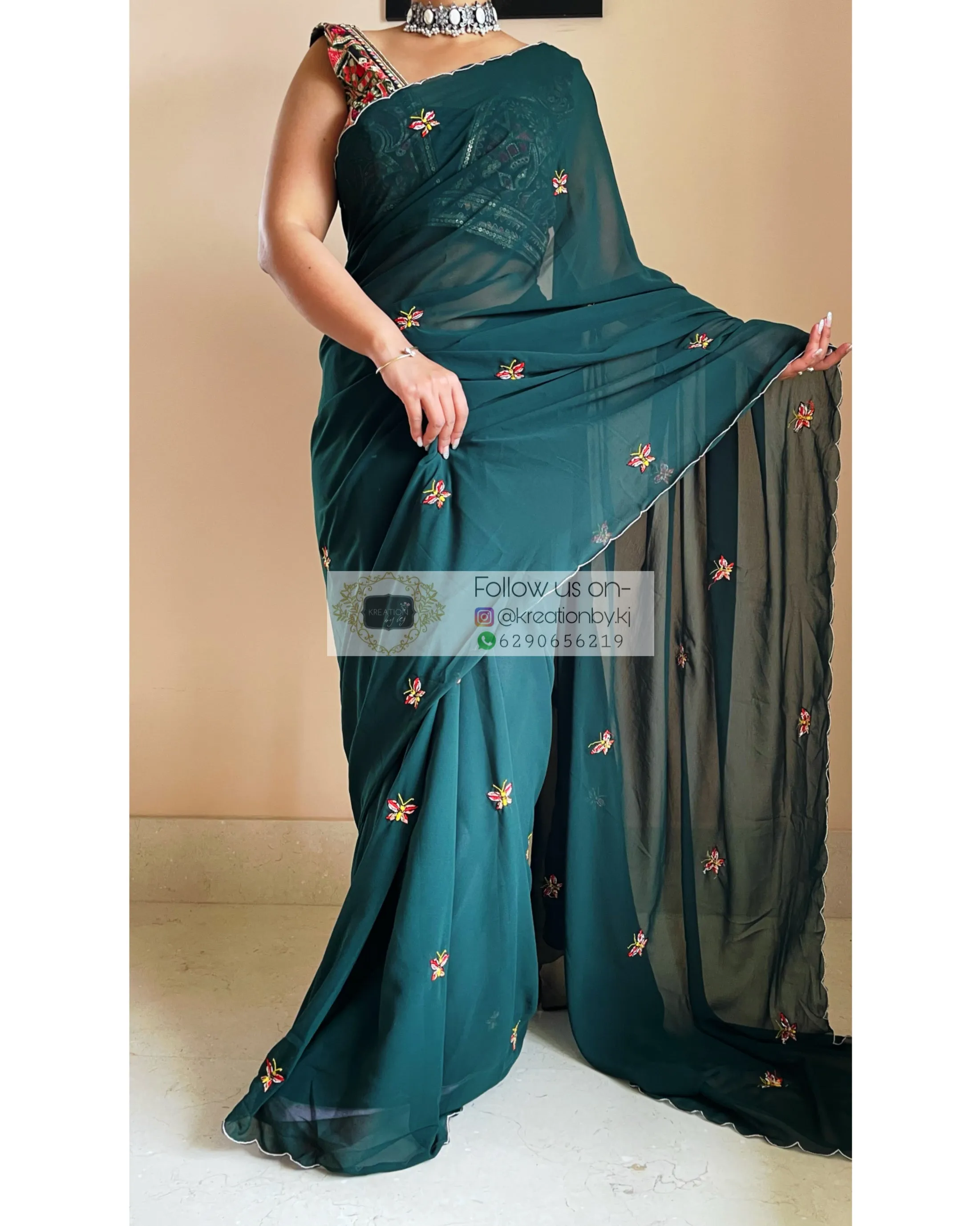 Bottle Green Butterflies on A Fence Saree