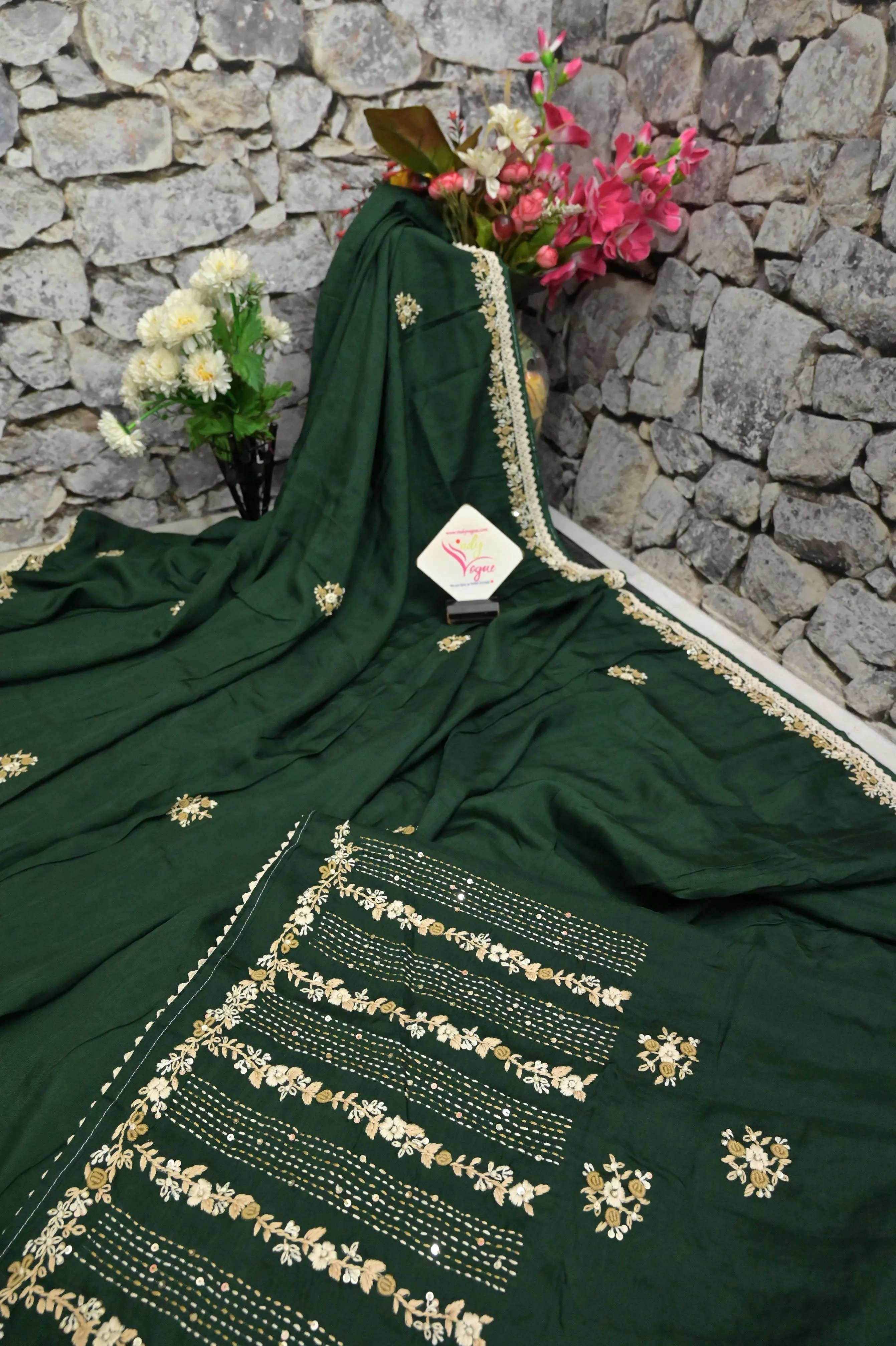 Bottle Green Color Chinon Silk Saree with Sequin and Hand Embroidery