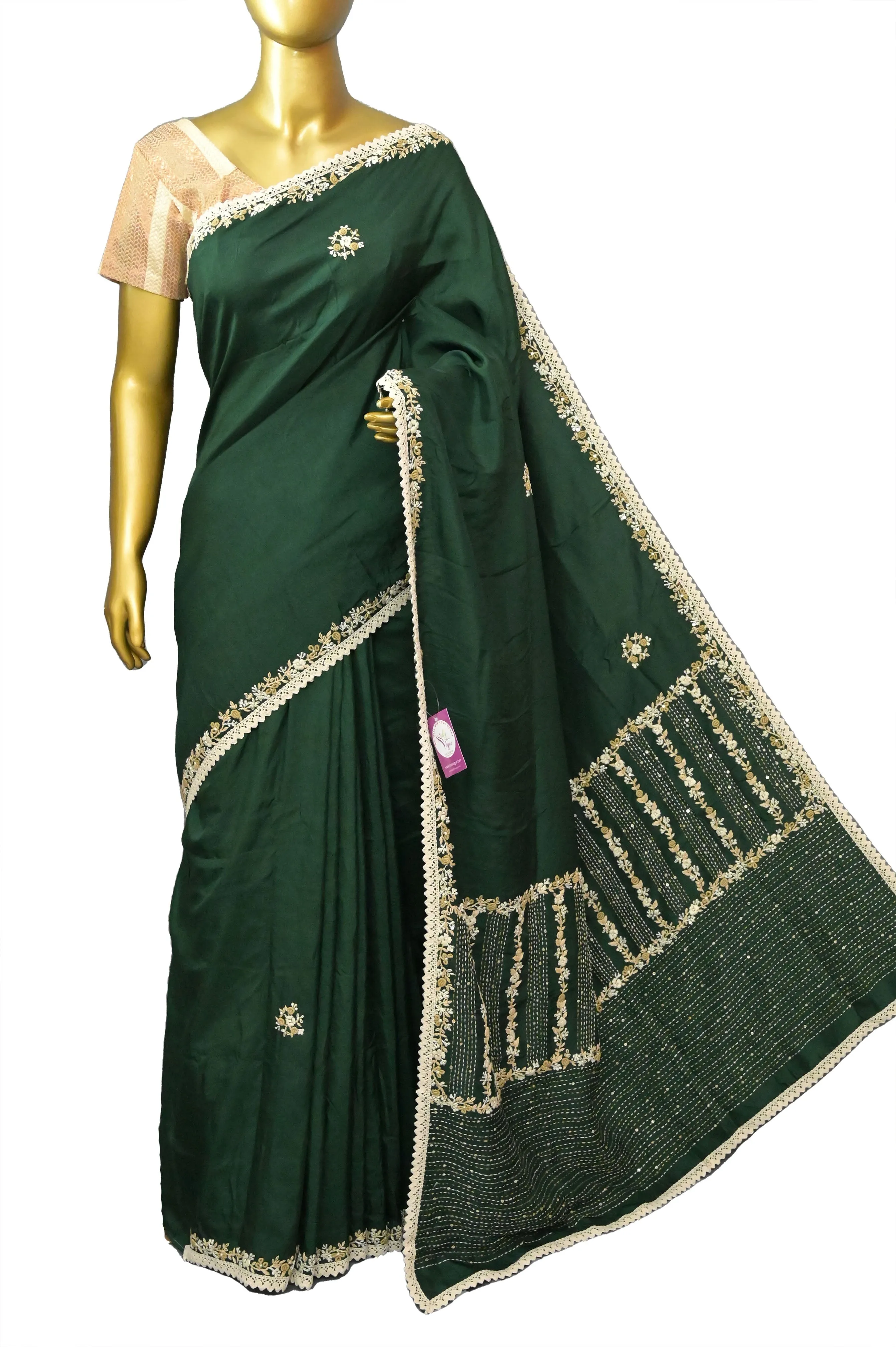 Bottle Green Color Chinon Silk Saree with Sequin and Hand Embroidery