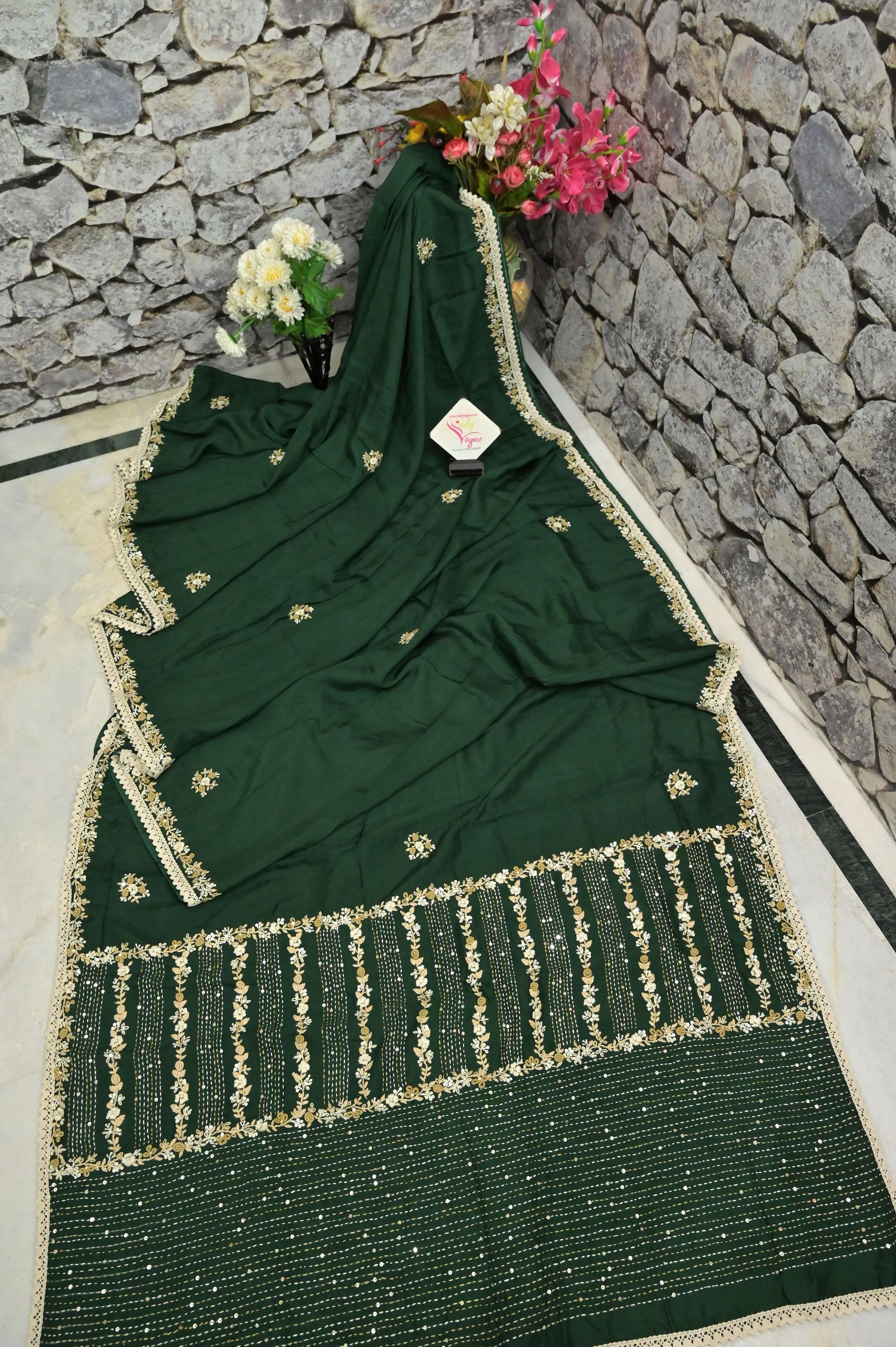 Bottle Green Color Chinon Silk Saree with Sequin and Hand Embroidery