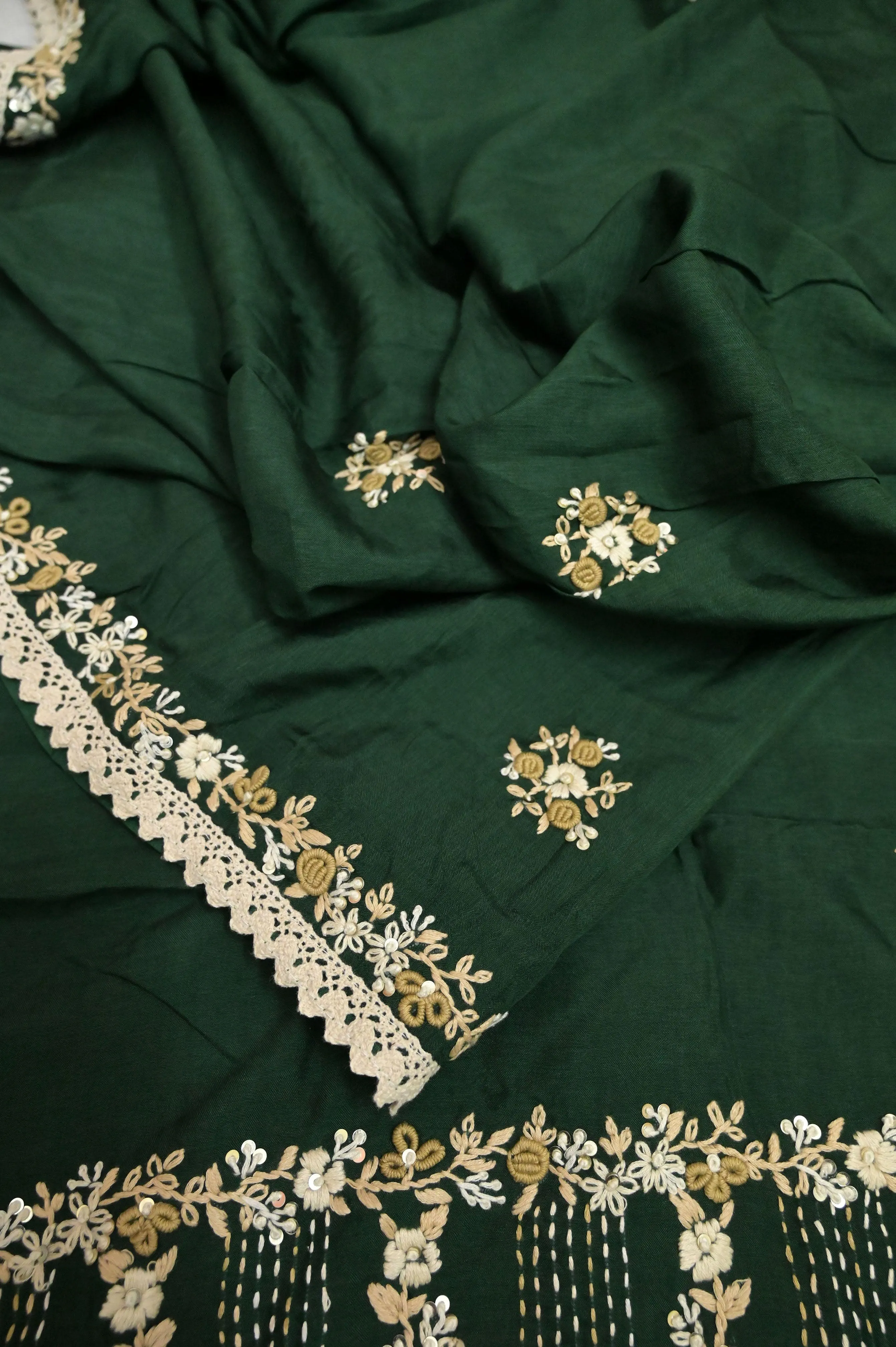 Bottle Green Color Chinon Silk Saree with Sequin and Hand Embroidery