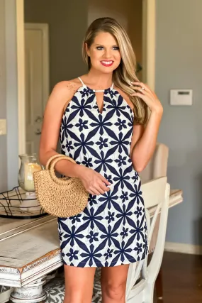 BriAnne Embroidered Halter Dress : Navy/White