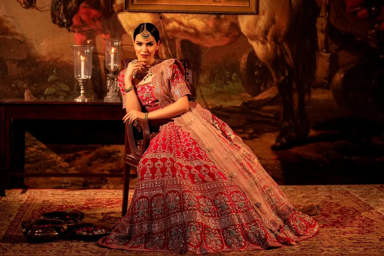 Bright red Lehenga set.