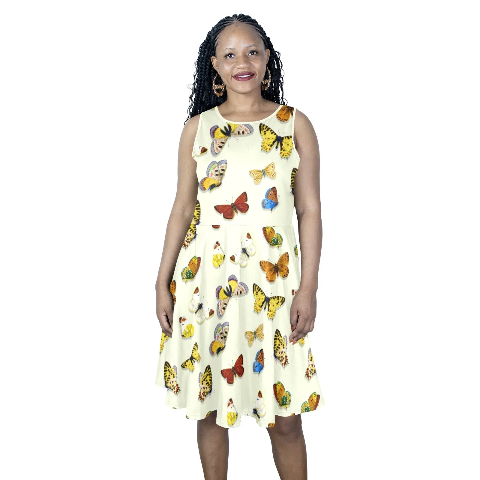 butterfly shadowed print Sleeveless Expansion Dress (Model D60)