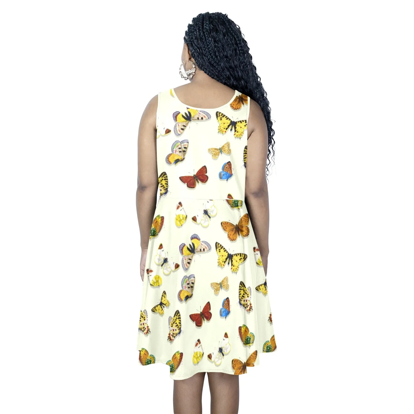 butterfly shadowed print Sleeveless Expansion Dress (Model D60)