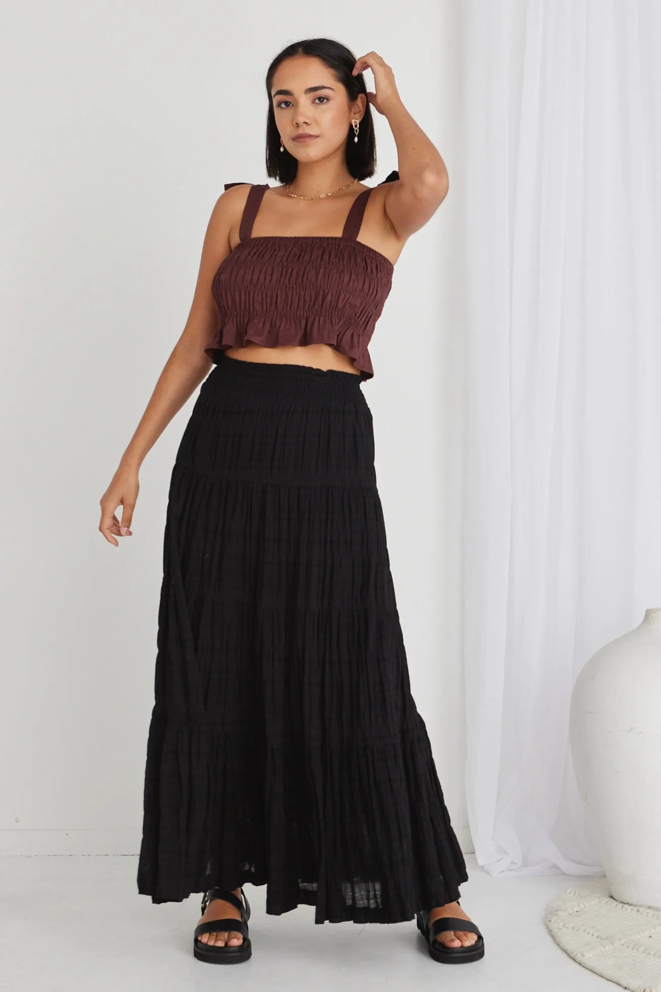 Charming Black Shirred Cotton Tiered Maxi Skirt